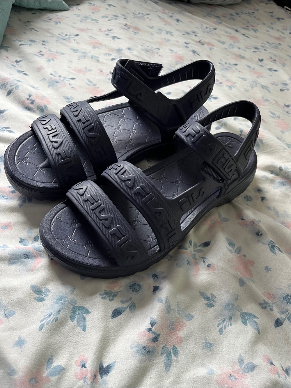 Fila Black Triple-Strap Logo Sandals